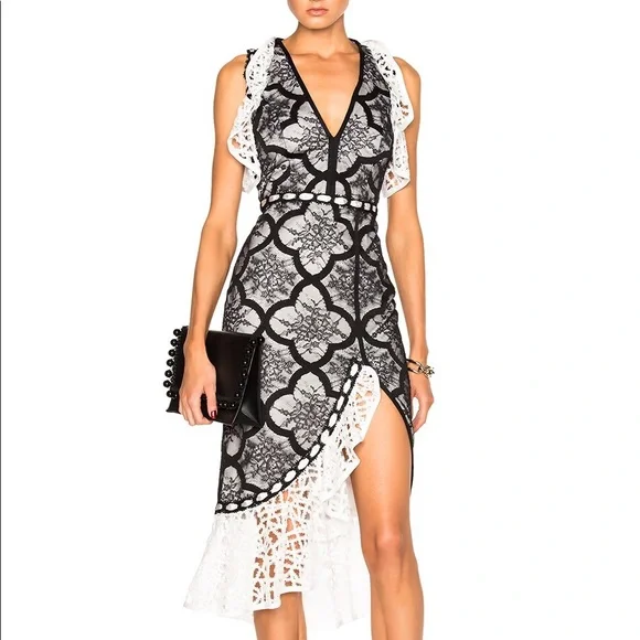 Alexis Emily Black and White Lace Ruffle Cap Sleeve Midi Dress with Side Slit XS - Picture 2 of 16